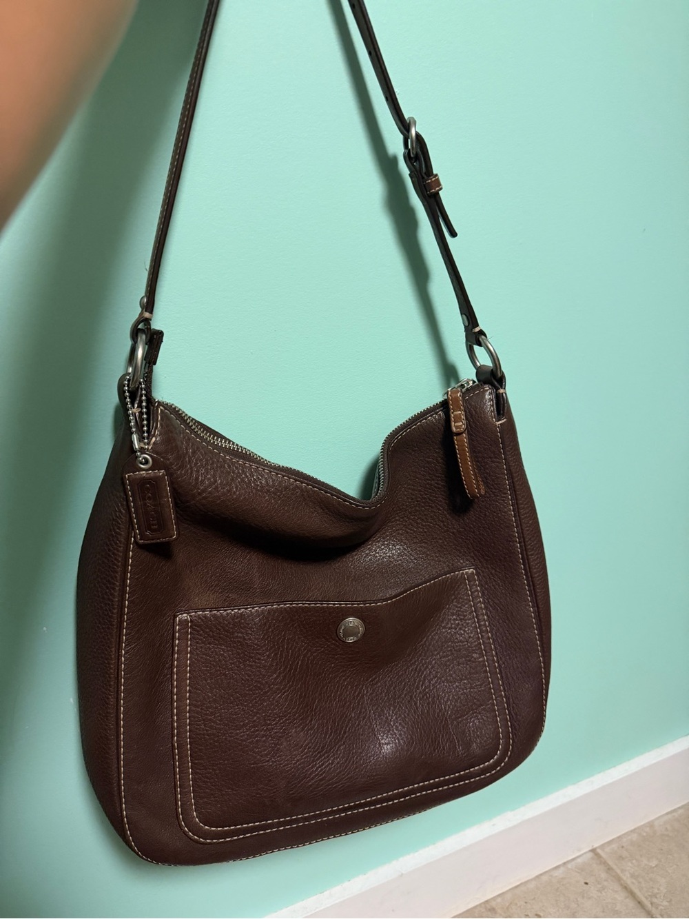 Coach Dark Brown Leather Shoulder Bag with Front Pocket